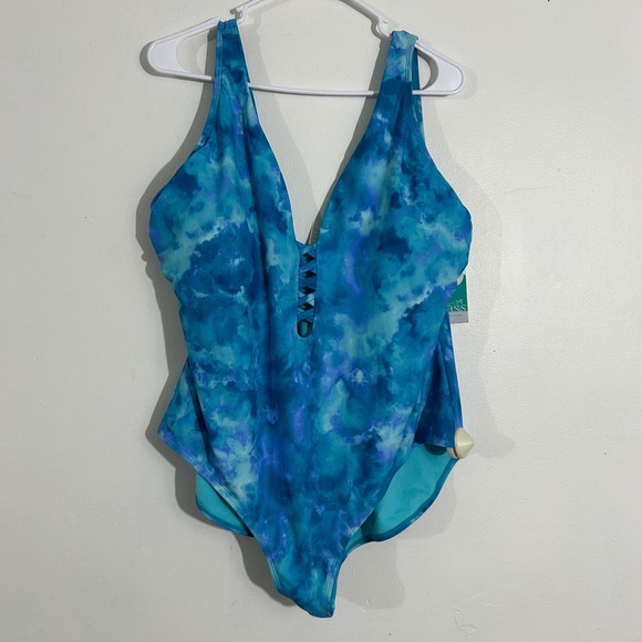 Outdoor Oasis 1X Swimsuit One Piece Beach Tie Dye Aqua Blue Women's NWT - Picture 1 of 12